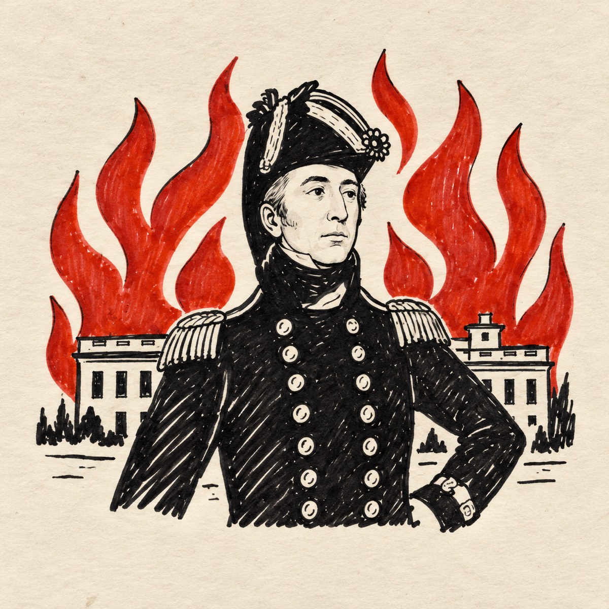 Hand-drawn marker sketch of Admiral Cockburn from the waist up, after the 1817 John James Halls portrait, the White House behind his shoulders and red flames rising from it.